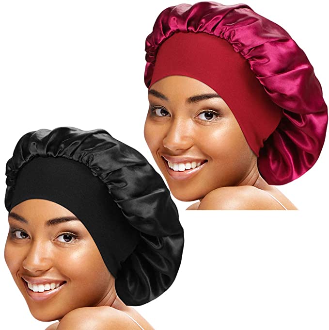 2 Pcs Wide Elastic Band Satin Sleep Bonnet Soft Night Sleeping Cap for Women